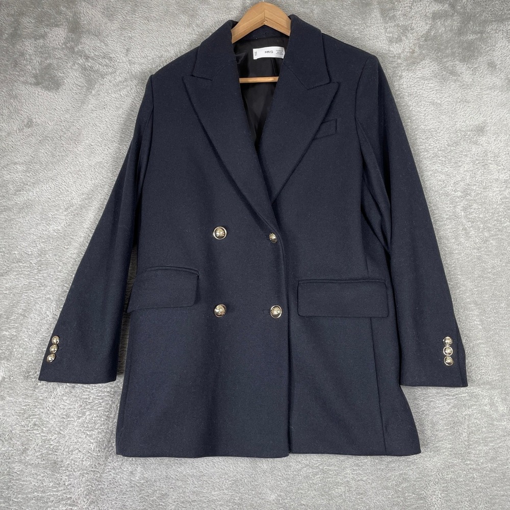 Mango MNG Blazer Womens XS Navy Blue Wool Blend Double Breasted Gold Button Coat